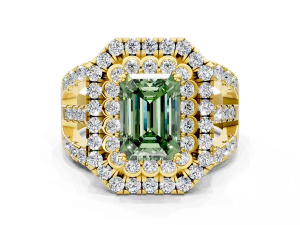 Yellow gold Double Halo Fancy Green Emerald Cut Diamond Split Shank Pave Set Ring