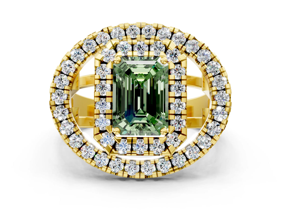 Yellow gold Double Halo Fancy Green Emerald Cut Diamond Split Shank Prong Setting Ring