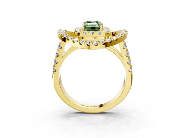 Yellow Gold Emerald Cut Halo Engagement Ring Setting for Fancy Green Center - Design RJ-762