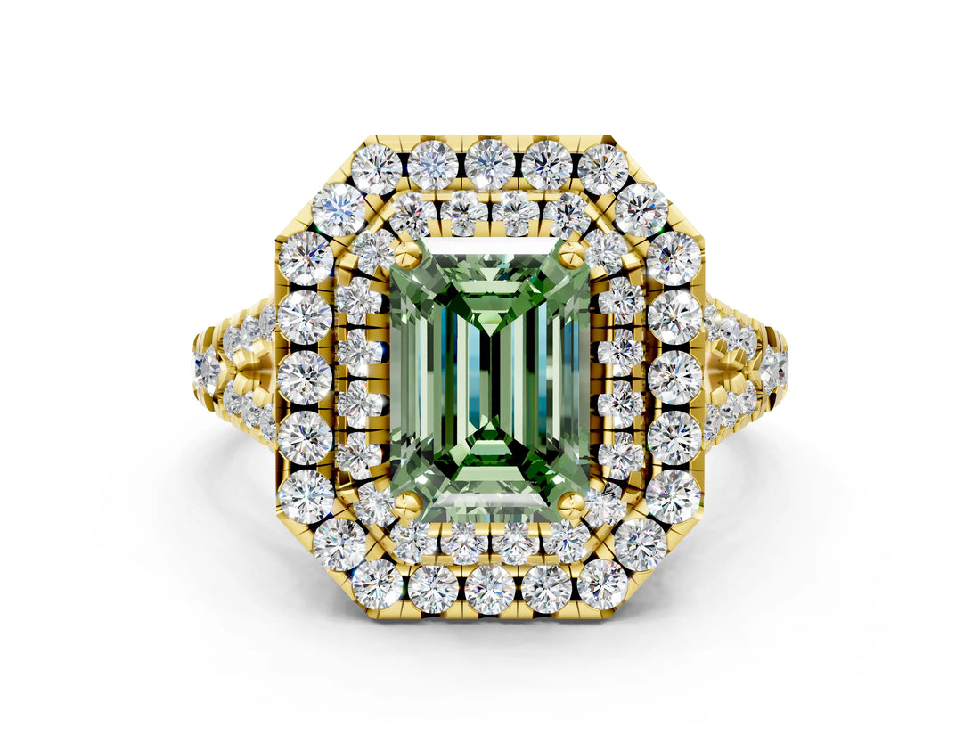 Yellow gold Double Halo Fancy Green Emerald  Cut Pave Split Shank Prong Set Ring_15
