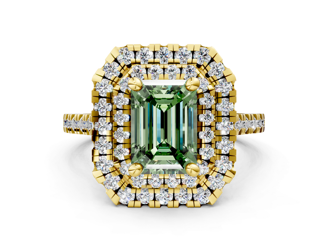 Yellow gold Double Halo Fancy Green Emerald  Diamond Pave Band with Four-Prong Setting_43