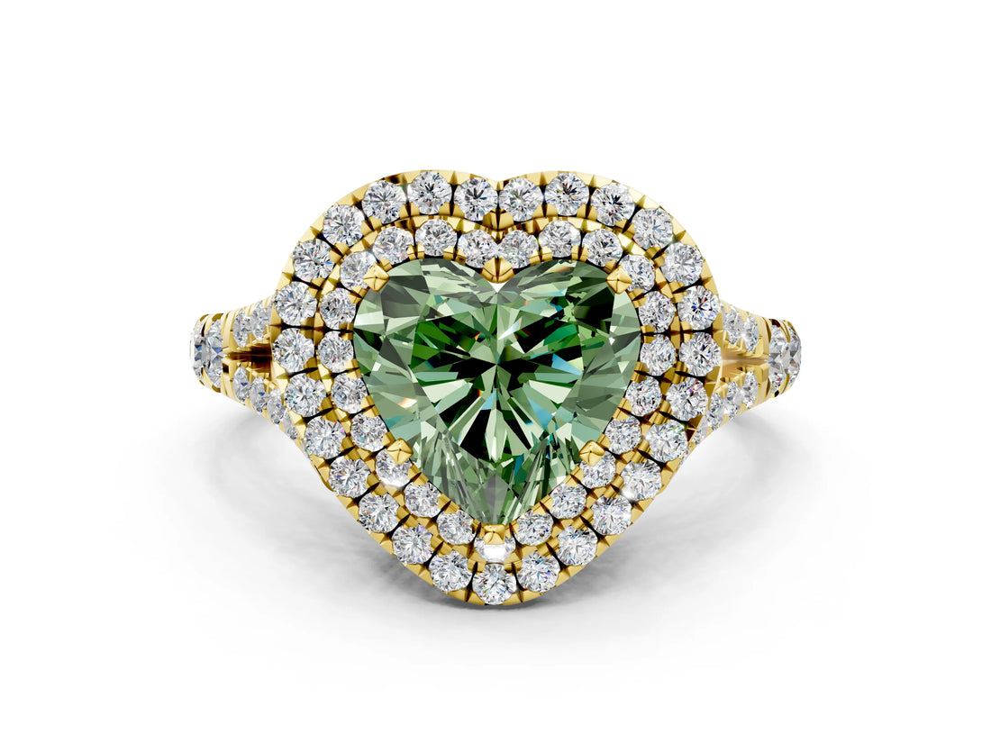 Yellow gold Double Halo Fancy Green Heart -Shaped Split Shank Diamond Ring with Prong Setting_15