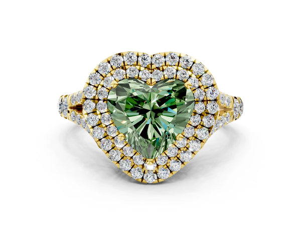 Yellow gold Fancy Green Heart Cut Diamond Double Halo Ring with Split Shank and Prong Setting