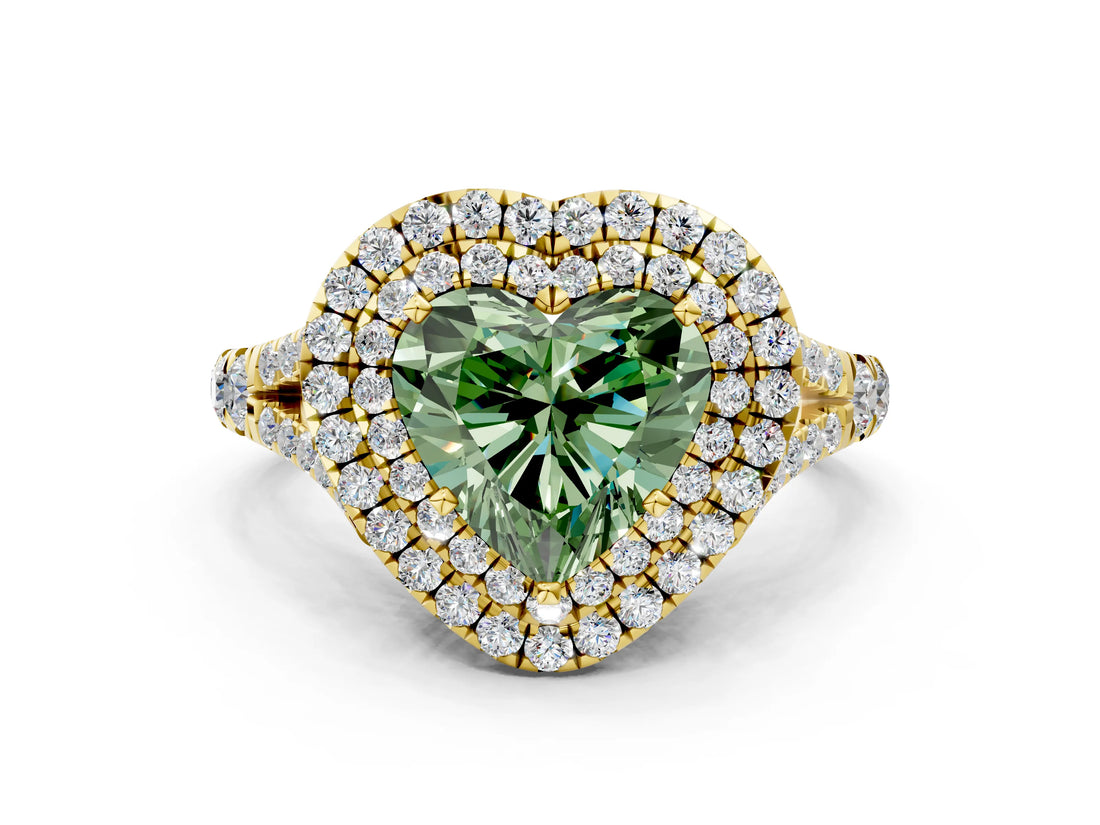 Yellow gold Double Halo Fancy Green Heart Cut Diamond Split Shank Engagement Ring with Four-Prong Setting_3