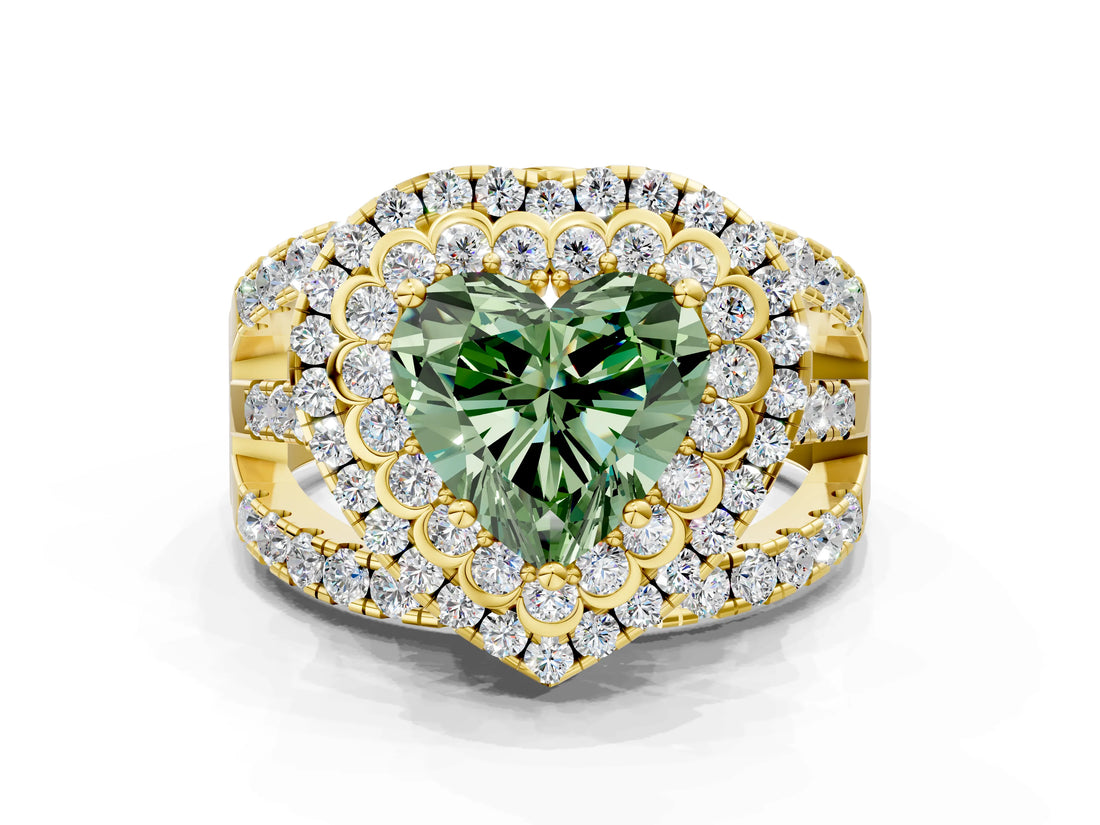 Yellow gold Double Halo Fancy Green Heart Cut Diamond Split Shank Pave Set Ring_3