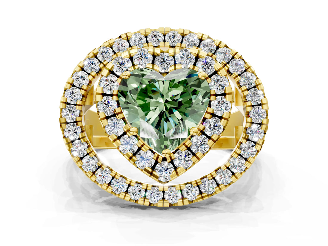 Yellow gold Double Halo Fancy Green Heart Cut Diamond Split Shank Prong Setting Ring