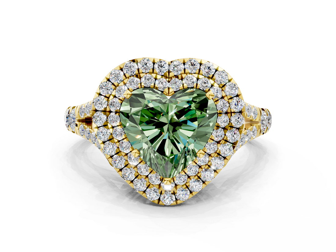 Yellow gold Double Halo Fancy Green Heart  Cut Diamond Split Shank Ring with Four Prong Setting