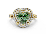 Yellow gold Double Halo Fancy Green Heart  Cut Diamond Split Shank Ring with Four Prong Setting