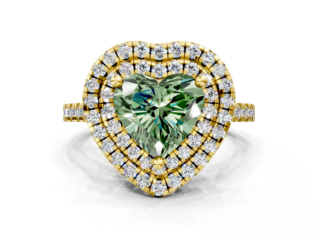 Yellow gold Double Halo Fancy Green Heart  Diamond Pave Band with Four-Prong Setting_16