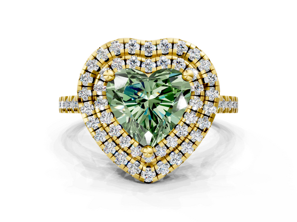 Yellow gold Double Halo Fancy Green Heart Cut Diamond Pavé Band with Four-Prong Setting