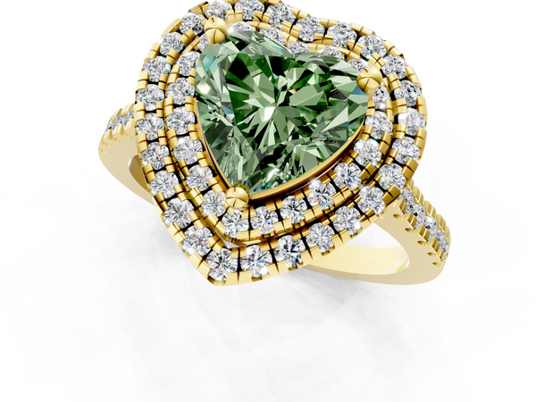 Yellow gold Double Halo Fancy Green Heart Cut Diamond Pavé Band with Four-Prong Setting