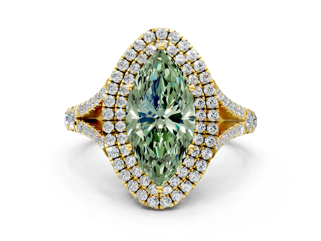 Yellow gold Double Halo Fancy Green Marquise -Shaped Split Shank Diamond Ring with Prong Setting_15
