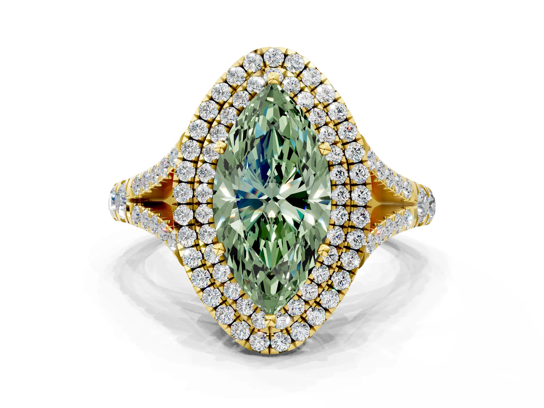 Yellow gold Double Halo Fancy Green Marquise Cut Diamond Split Shank Engagement Ring with Four-Prong Setting_3