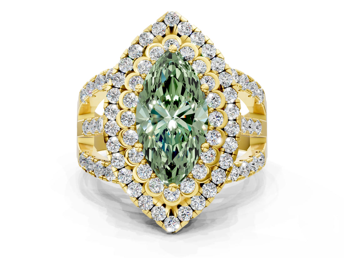 Yellow gold Double Halo Fancy Green Marquise Cut Diamond Split Shank Pave Set Ring_3