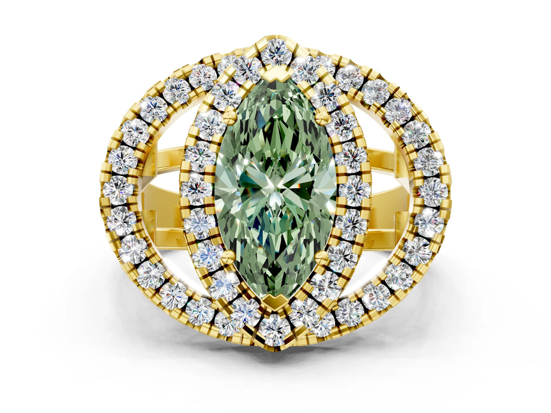 Yellow gold Double Halo Fancy Green Marquise Cut Diamond Split Shank Prong Setting Ring