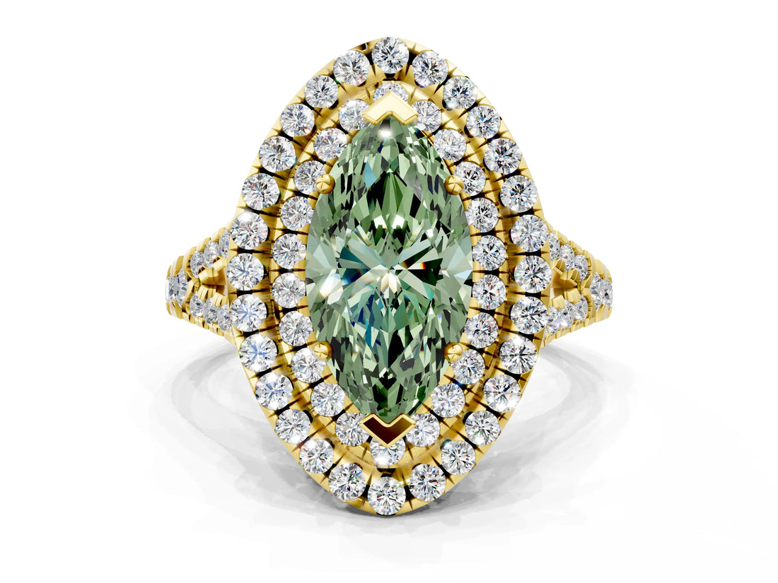 Yellow gold Double Halo Fancy Green Marquise  Cut Pave Split Shank Prong Set Ring_15
