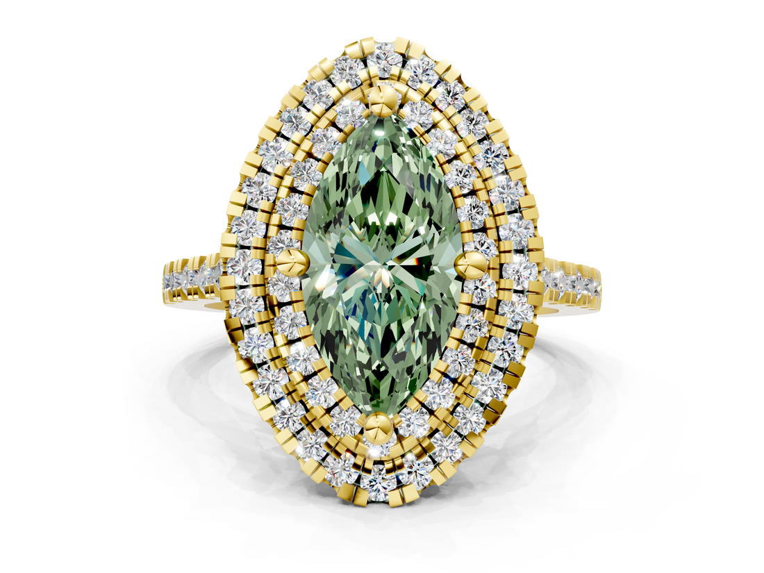 Yellow gold Double Halo Fancy Green Marquise  Diamond Pave Band with Four-Prong Setting_43