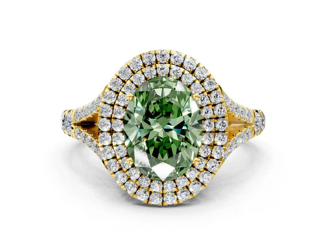 Yellow gold Double Halo Fancy Green Oval -Shaped Split Shank Diamond Ring with Prong Setting_15