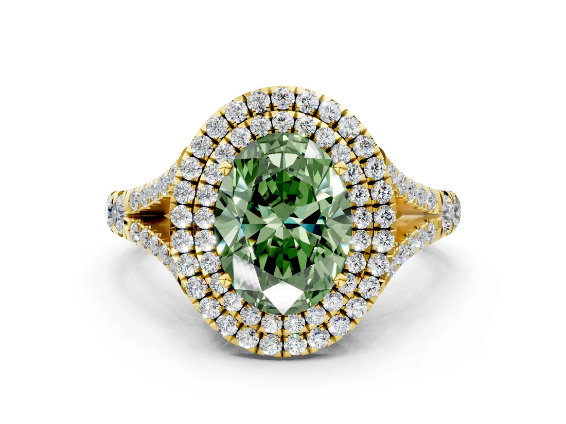 Yellow gold Double Halo Fancy Green Oval Cut Diamond Split Shank Engagement Ring with Four-Prong Setting_3