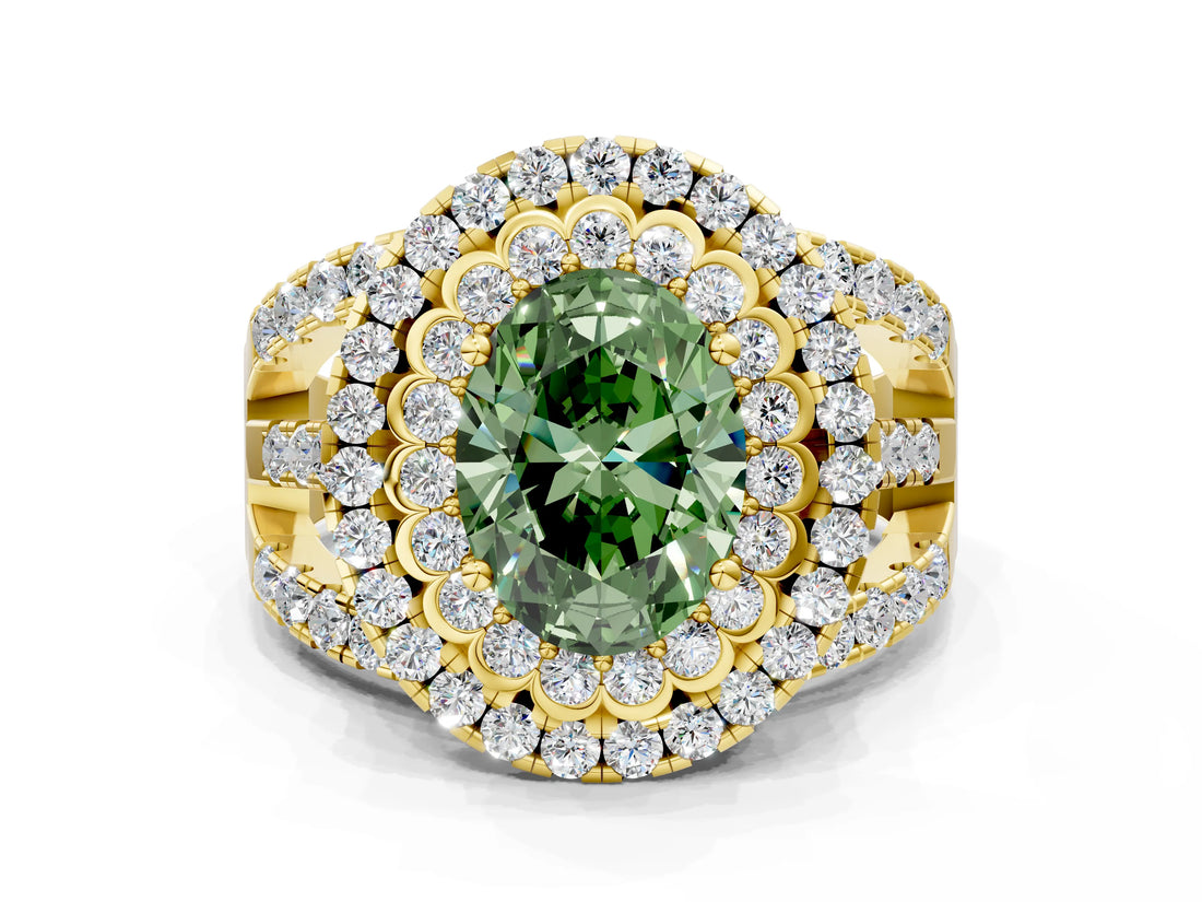 Yellow gold Double Halo Fancy Green Oval Cut Diamond Split Shank Pave Set Ring_3