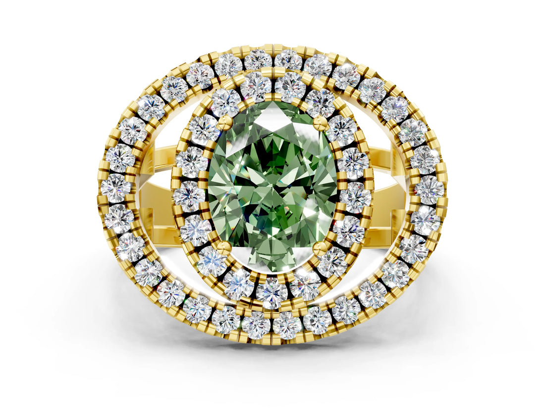 Yellow gold Double Halo Fancy Green Oval Cut Diamond Split Shank Prong Setting Ring