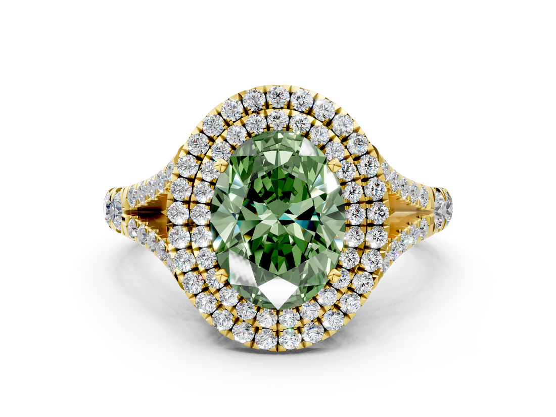 Yellow gold Double Halo Fancy Green Oval  Cut Diamond Split Shank Ring with Four Prong Setting_20