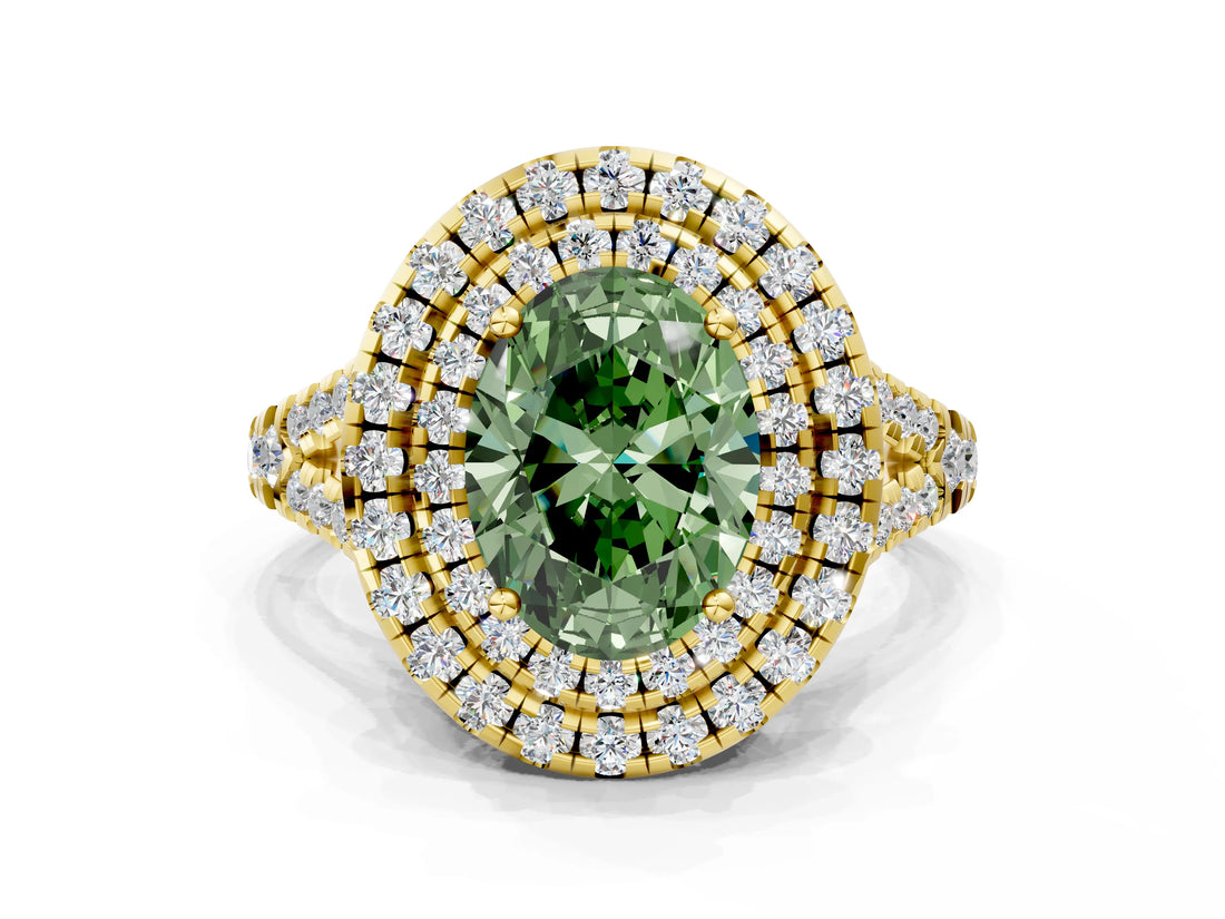 Yellow gold Double Halo Fancy Green Oval  Cut Pave Split Shank Prong Set Ring_15