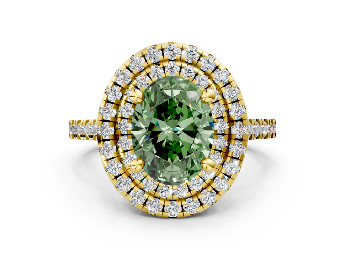 Yellow gold Double Halo Fancy Green Oval  Diamond Pave Band with Four-Prong Setting_38