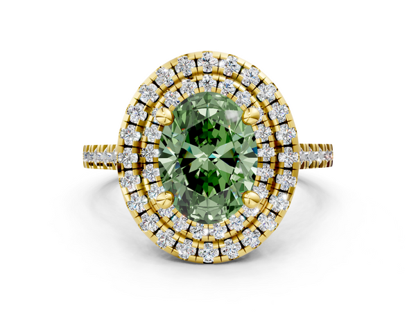 Yellow gold Double Halo Fancy Green Oval Cut Diamond Pavé Band with Four-Prong Setting