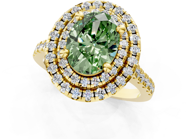 Yellow gold Double Halo Fancy Green Oval Cut Diamond Pavé Band with Four-Prong Setting
