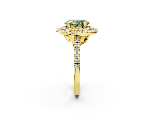 Yellow gold Double Halo Fancy Green Oval Cut Diamond Pavé Band with Four-Prong Setting