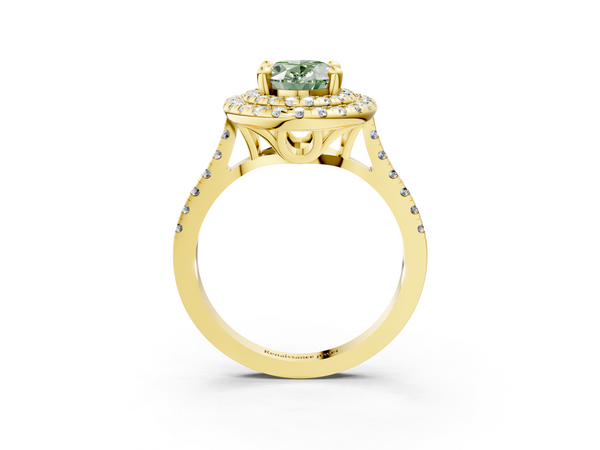 Yellow gold Double Halo Fancy Green Oval Cut Diamond Pavé Band with Four-Prong Setting