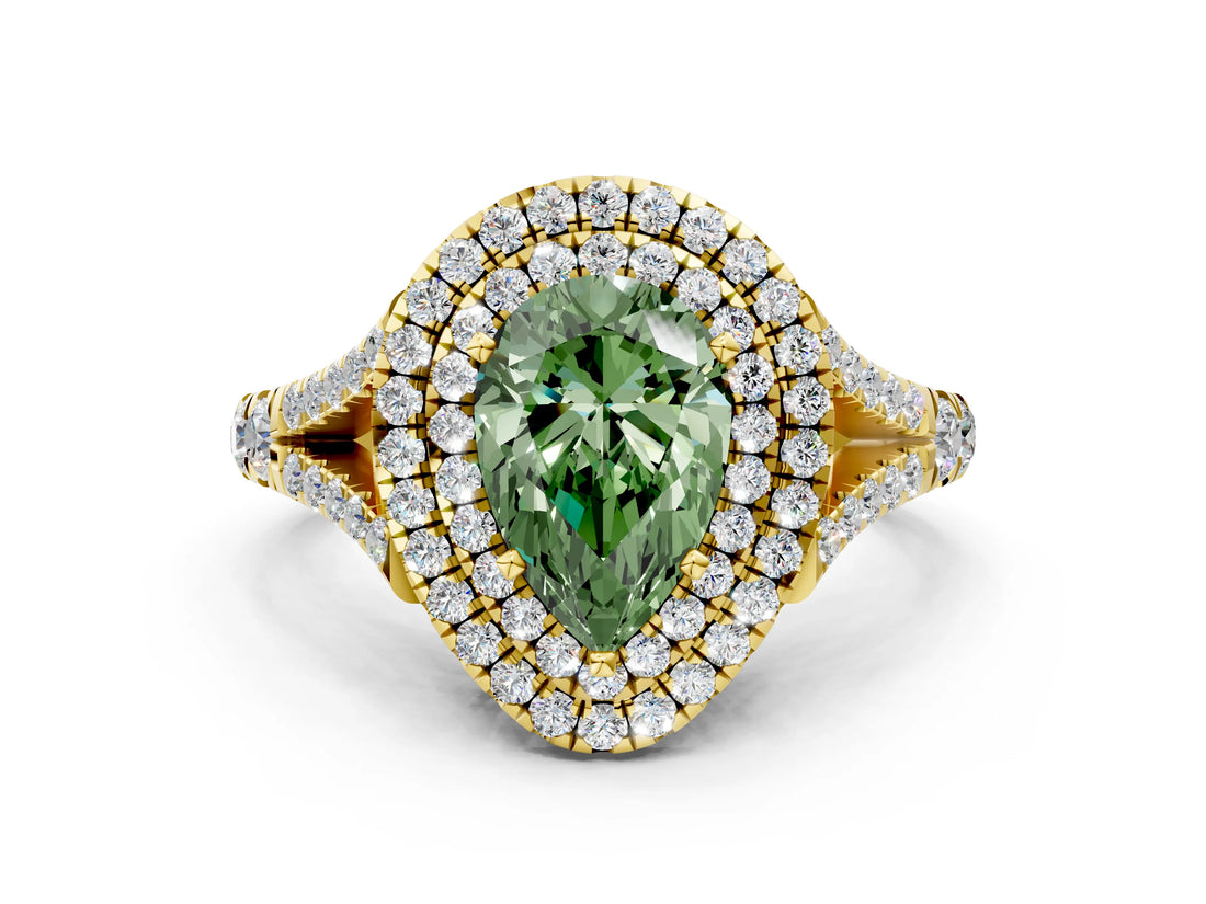 Yellow gold Double Halo Fancy Green Pear -Shaped Split Shank Diamond Ring with Prong Setting_15