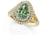 Yellow gold Double Halo Fancy Green Pear -Shaped Split Shank Diamond Ring with Prong Setting_16