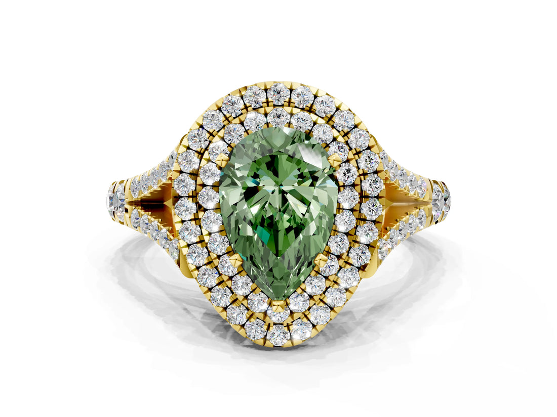 Yellow gold Double Halo Fancy Green Pear Cut Diamond Split Shank Engagement Ring with Four-Prong Setting_3