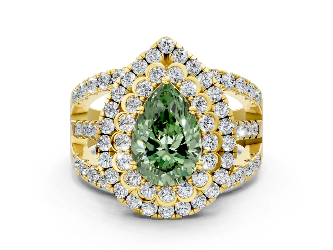 Yellow gold Double Halo Fancy Green Pear Cut Diamond Split Shank Pave Set Ring_3