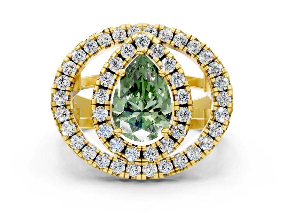 Yellow gold Double Halo Fancy Green Pear Cut Diamond Split Shank Prong Setting Ring