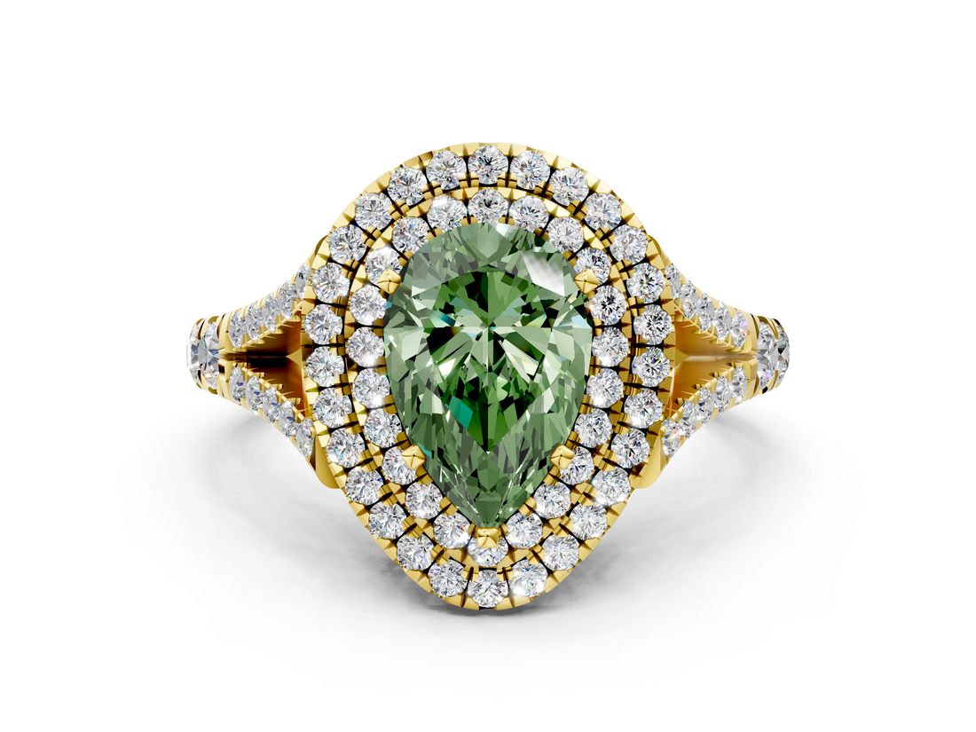 Yellow gold Double Halo Fancy Green Pear  Cut Diamond Split Shank Ring with Four Prong Setting_20