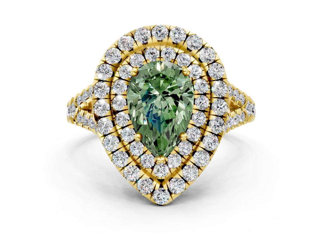Yellow gold Double Halo Fancy Green Pear  Cut Pave Split Shank Prong Set Ring_15