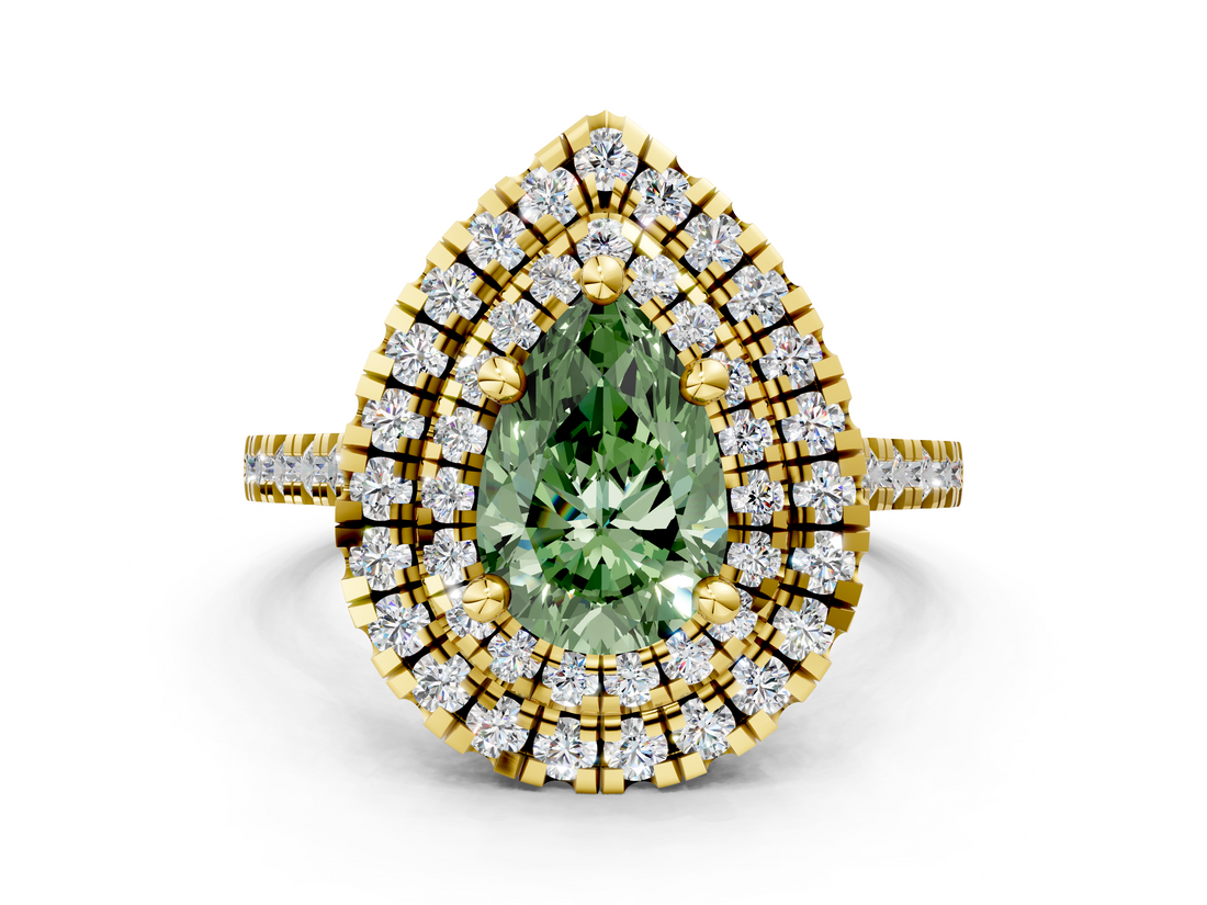 Yellow gold Double Halo Fancy Green Pear  Diamond Pave Band with Four-Prong Setting_44
