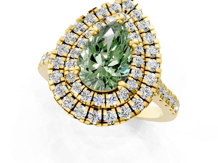Yellow gold Double Halo Fancy Green Pear Cut Diamond Pavé Band with Four-Prong Setting