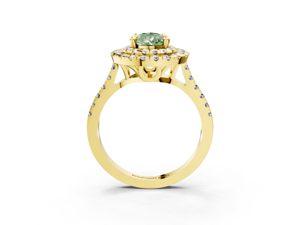 Yellow gold Double Halo Fancy Green Pear Cut Diamond Pavé Band with Four-Prong Setting