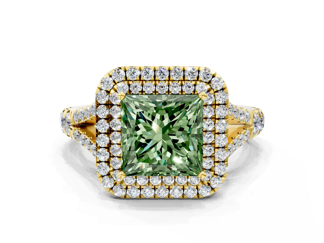 Yellow gold Double Halo Fancy Green Princess -Shaped Split Shank Diamond Ring with Prong Setting_15
