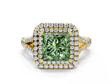 Yellow gold Double Halo Fancy Green Princess -Shaped Split Shank Diamond Ring with Prong Setting_15