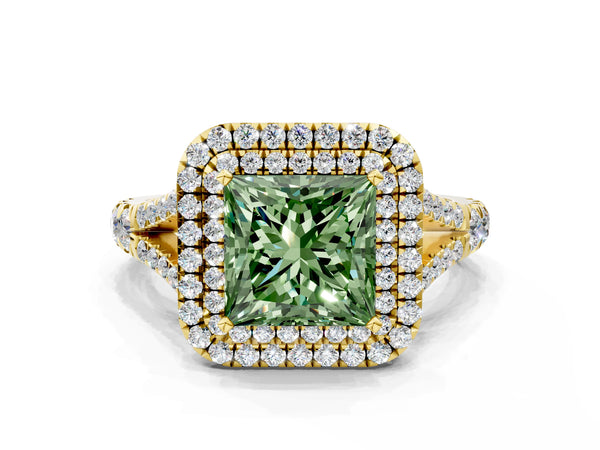 Yellow gold Fancy Green Princess Cut Diamond Double Halo Ring with Split Shank and Prong Setting