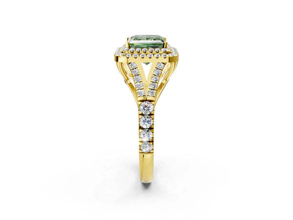 Yellow gold Fancy Green Princess Cut Diamond Double Halo Ring with Split Shank and Prong Setting