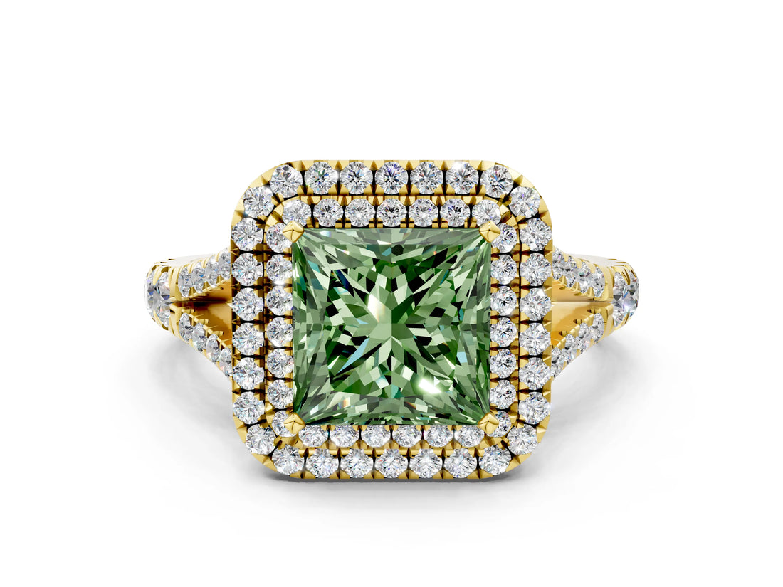 Yellow gold Double Halo Fancy Green Princess Cut Diamond Split Shank Engagement Ring with Four-Prong Setting_3