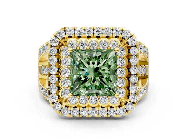 Yellow gold Double Halo Fancy Green Princess Cut Diamond Split Shank Pave Set Ring