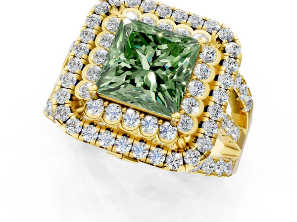 Yellow gold Double Halo Fancy Green Princess Cut Diamond Split Shank Pave Set Ring