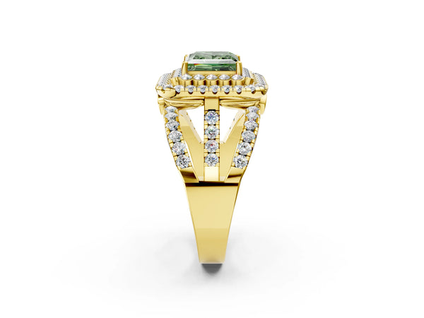 Yellow gold Double Halo Fancy Green Princess Cut Diamond Split Shank Pave Set Ring